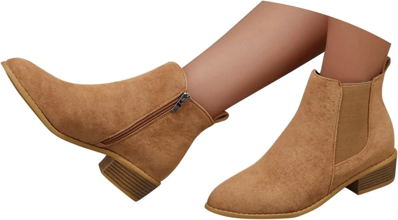 Ankle Boots for Women Western Fashion Round Toe Chunky Stacked Heel Riding Comfortable Chelsea Booties with Side Zippers