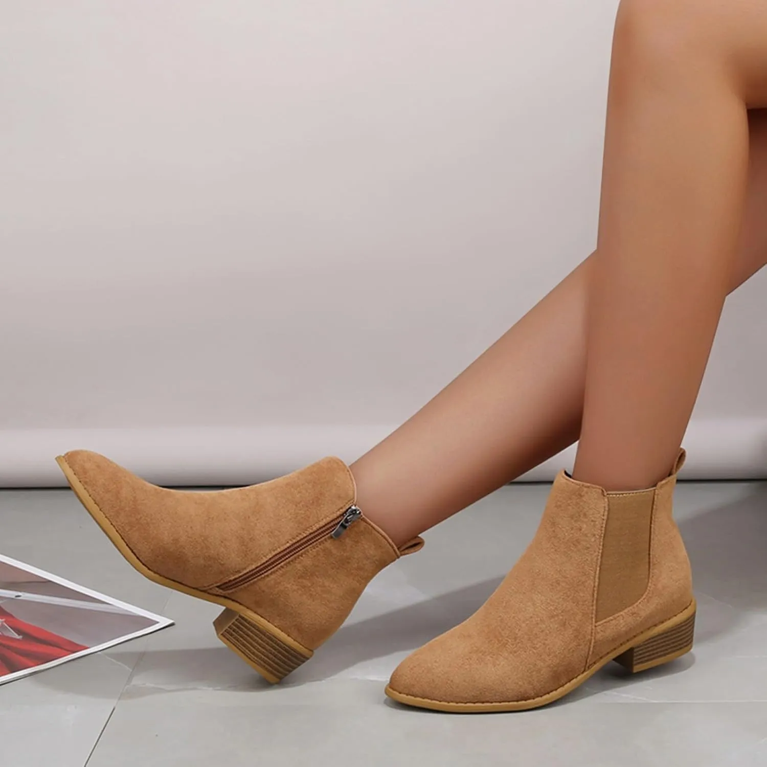 Ankle Boots for Women Western Fashion Round Toe Chunky Stacked Heel Riding Comfortable Chelsea Booties with Side Zippers