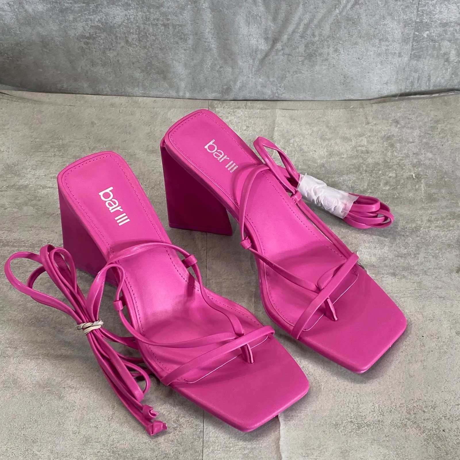 BAR III Women's Pink Smooth Alana Tie-Up Geo-Heel Square-Toe Sandals SZ 7.5