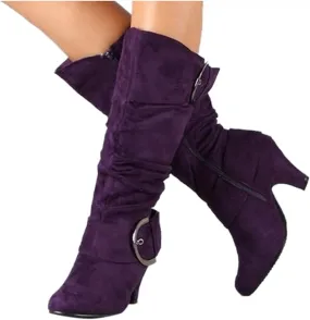 Bcshiye Women's Knee High Suede Chunky Heel Side Zipper Buckle Boots Stretch Winter Dress Party Boots High Heel Boots