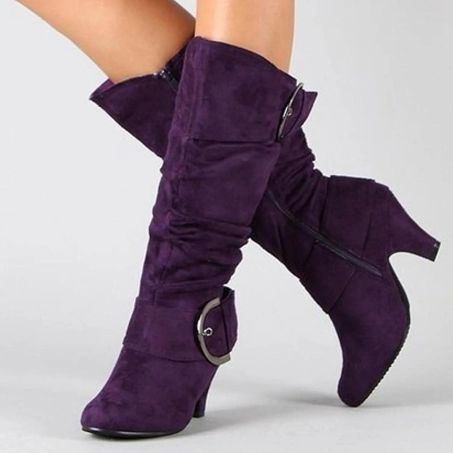 Bcshiye Women's Knee High Suede Chunky Heel Side Zipper Buckle Boots Stretch Winter Dress Party Boots High Heel Boots