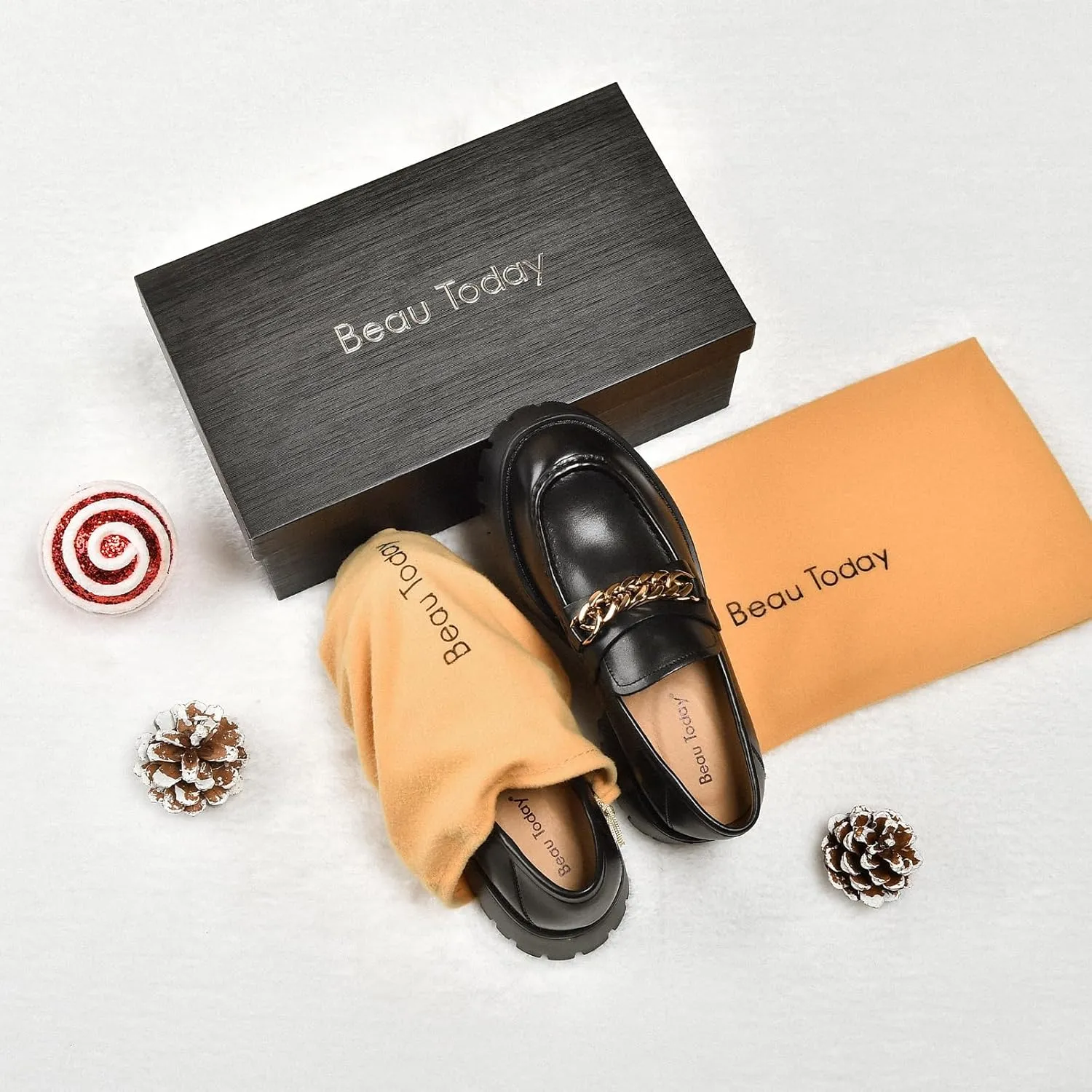 BEAU TODAY Chunky Loafers for Women,Womens Platform Loafer Shoes,Chunky Heel Lug Sole Slip-on Metal Chain Shoes,Comfort Round Toe Business Work Office Shoes