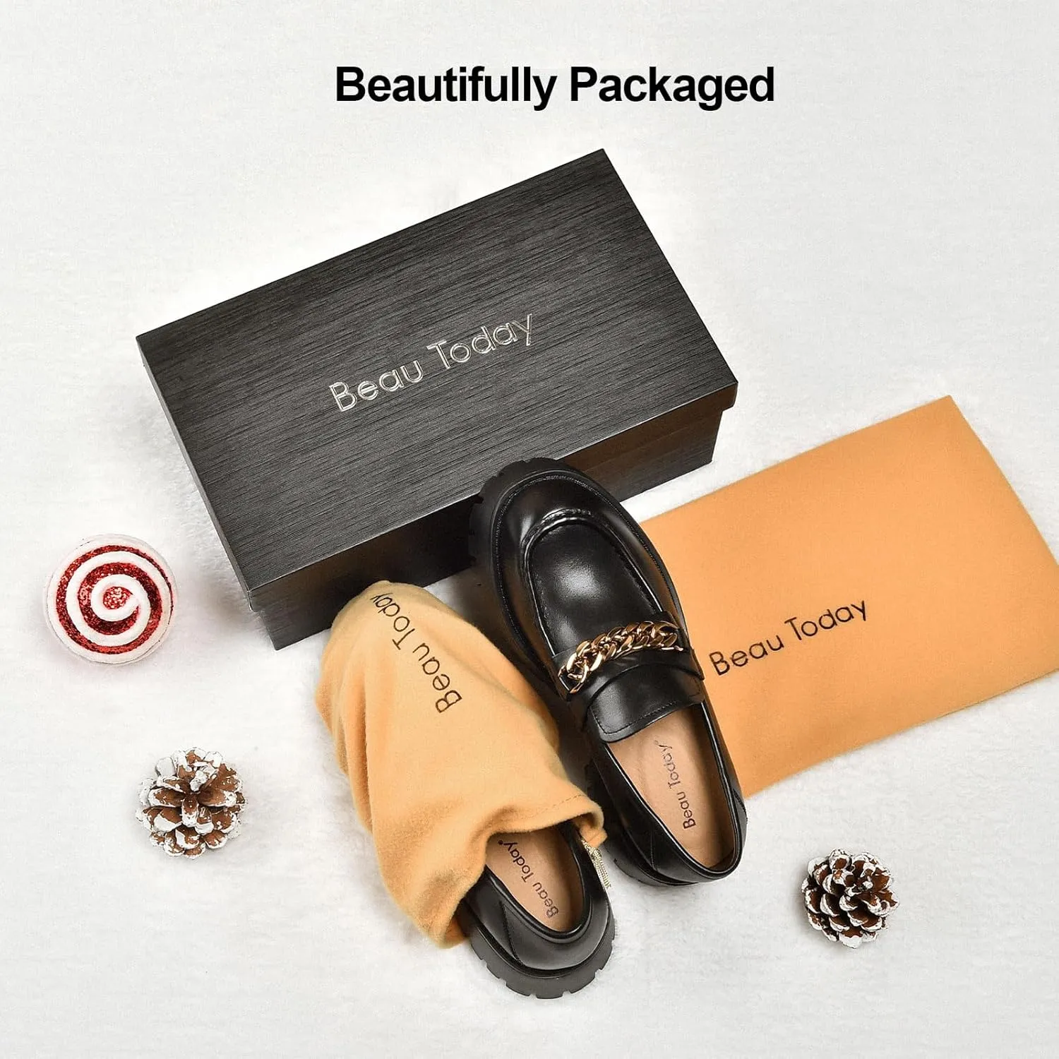 BEAU TODAY Chunky Loafers for Women,Womens Platform Loafer Shoes,Chunky Heel Lug Sole Slip-on Metal Chain Shoes,Comfort Round Toe Business Work Office Shoes