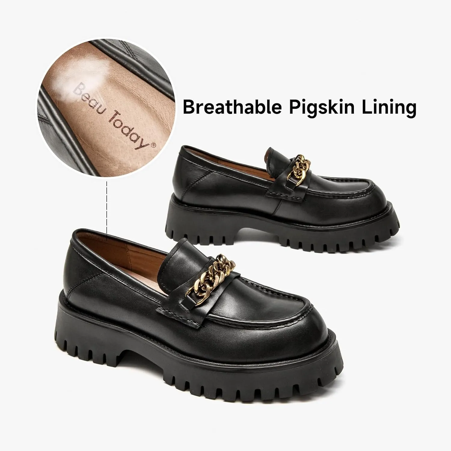 BEAU TODAY Chunky Loafers for Women,Womens Platform Loafer Shoes,Chunky Heel Lug Sole Slip-on Metal Chain Shoes,Comfort Round Toe Business Work Office Shoes