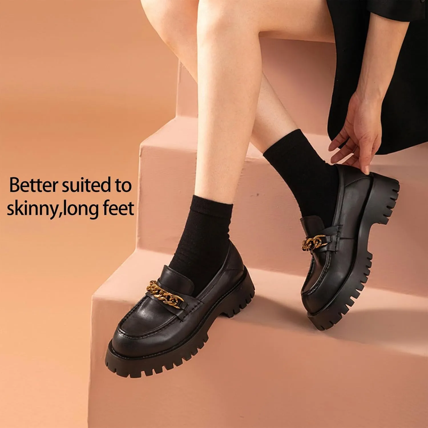 BEAU TODAY Chunky Loafers for Women,Womens Platform Loafer Shoes,Chunky Heel Lug Sole Slip-on Metal Chain Shoes,Comfort Round Toe Business Work Office Shoes