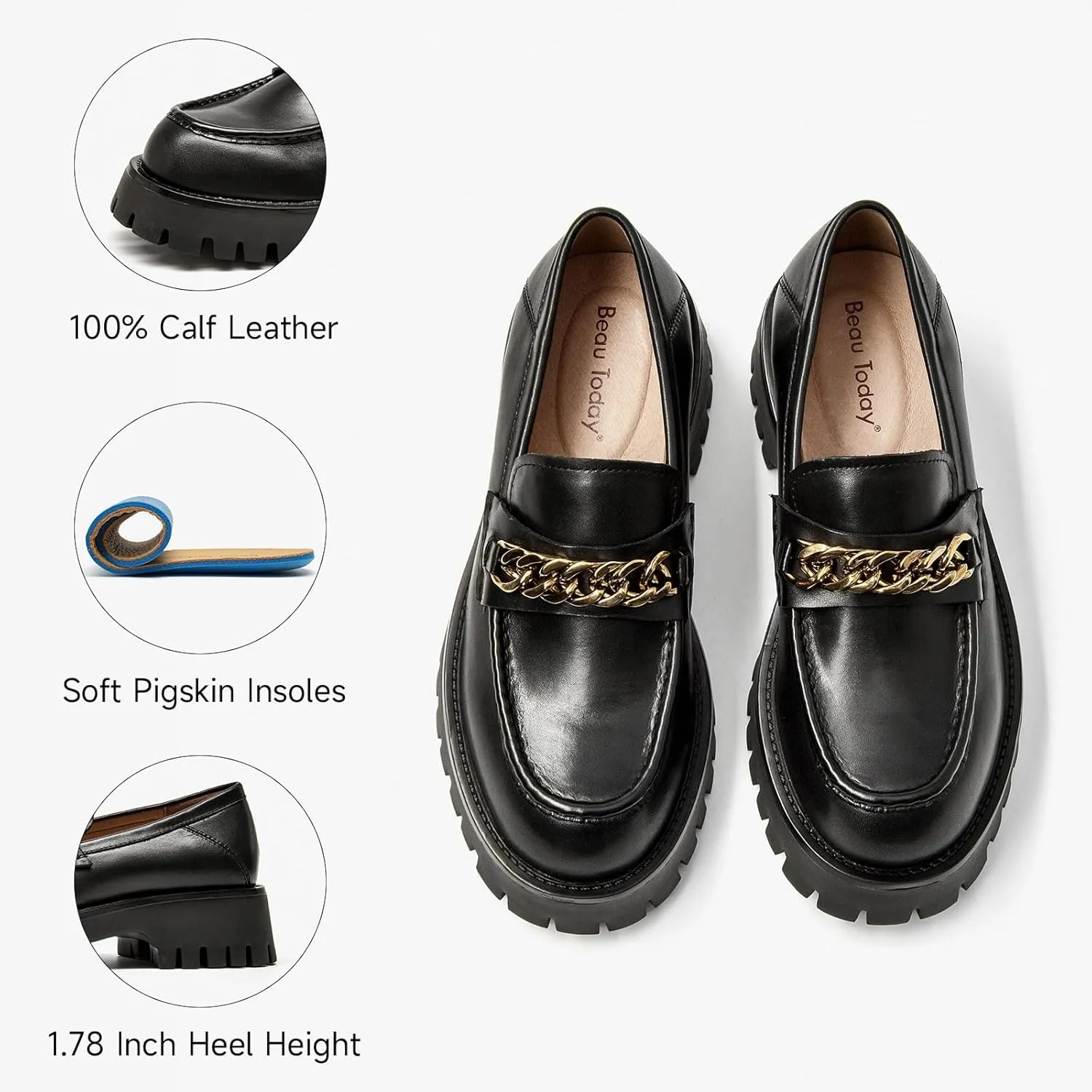 BEAU TODAY Chunky Loafers for Women,Womens Platform Loafer Shoes,Chunky Heel Lug Sole Slip-on Metal Chain Shoes,Comfort Round Toe Business Work Office Shoes