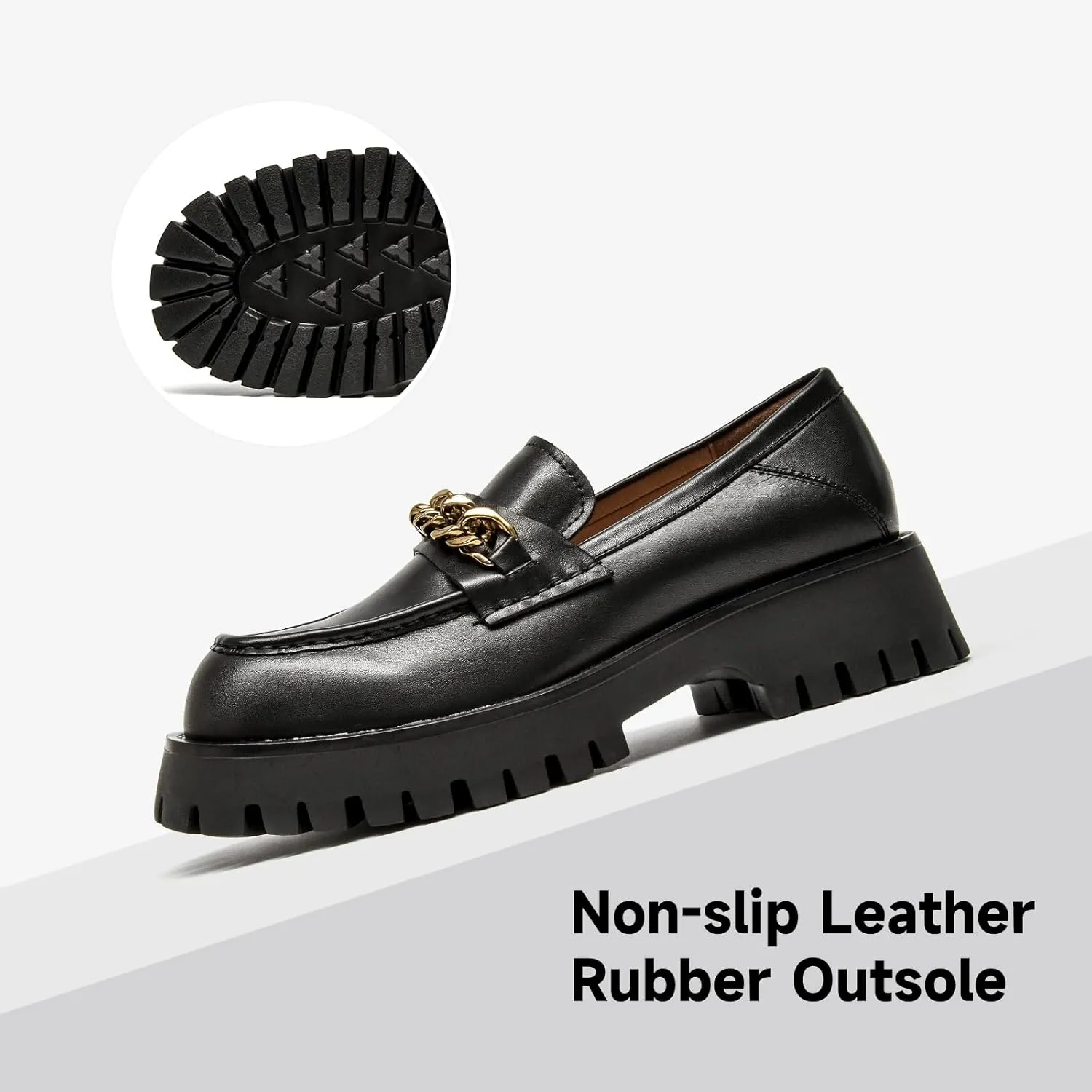 BEAU TODAY Chunky Loafers for Women,Womens Platform Loafer Shoes,Chunky Heel Lug Sole Slip-on Metal Chain Shoes,Comfort Round Toe Business Work Office Shoes