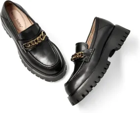 BEAU TODAY Chunky Loafers for Women,Womens Platform Loafer Shoes,Chunky Heel Lug Sole Slip-on Metal Chain Shoes,Comfort Round Toe Business Work Office Shoes