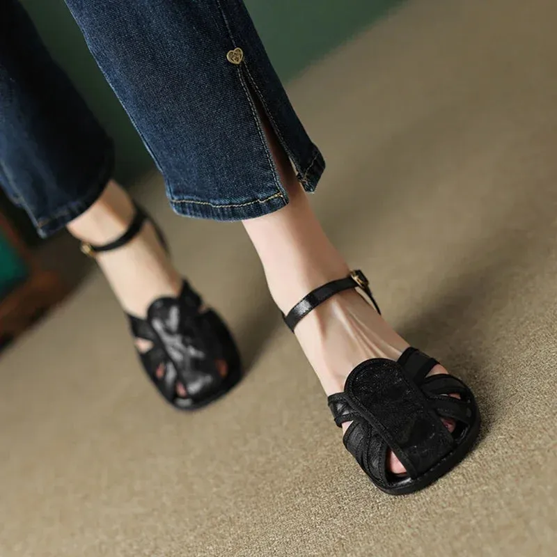 binfenxie Genuine Leather Sandals Women Summer Cover Toe Slingback Shoes for Women Casual Gladiator Women Shoes Vintage Roman Sandals