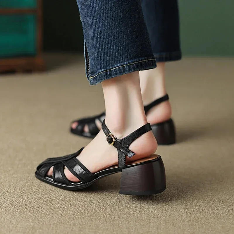 binfenxie Genuine Leather Sandals Women Summer Cover Toe Slingback Shoes for Women Casual Gladiator Women Shoes Vintage Roman Sandals