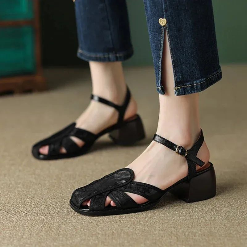 binfenxie Genuine Leather Sandals Women Summer Cover Toe Slingback Shoes for Women Casual Gladiator Women Shoes Vintage Roman Sandals