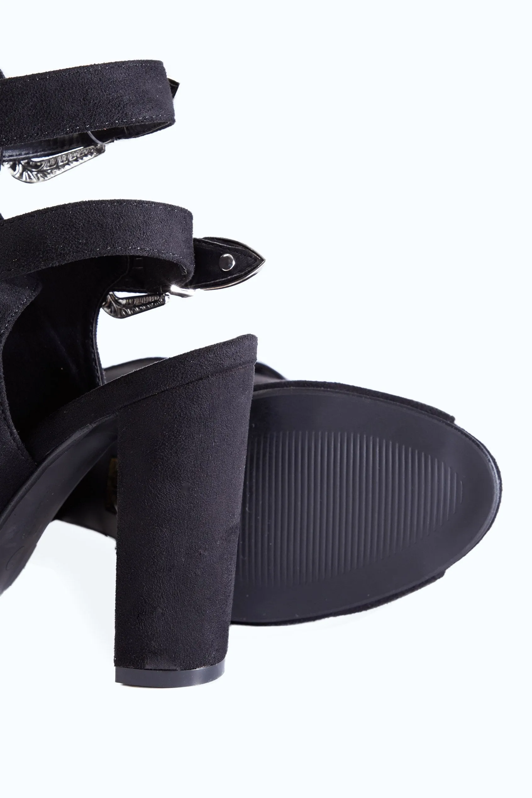 Black Buckle Open Toe Heeled Boots