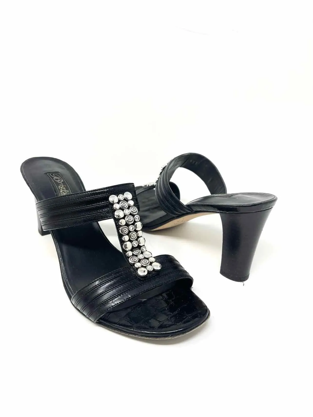 Brighton Women's Black/Silver Slide Leather Embellished Size 9 Sandals