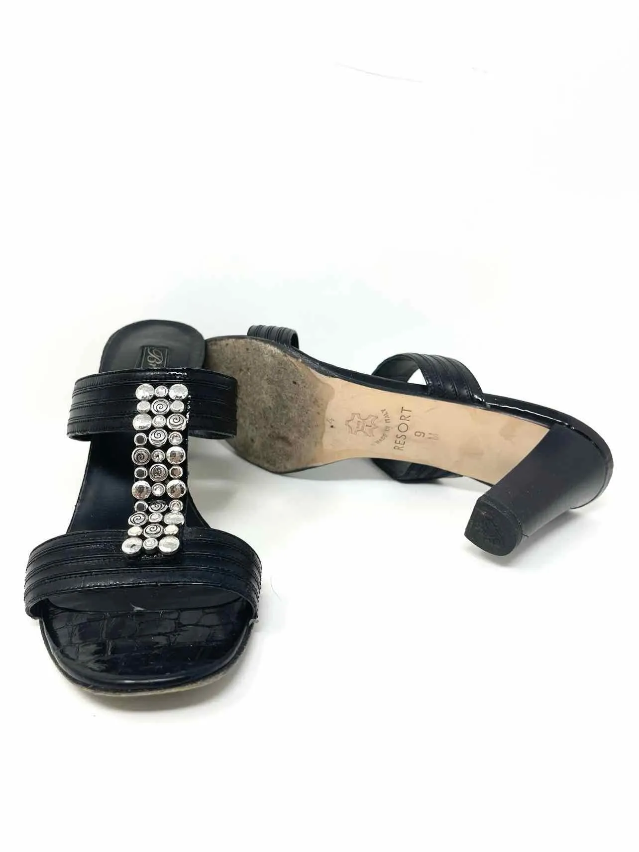 Brighton Women's Black/Silver Slide Leather Embellished Size 9 Sandals