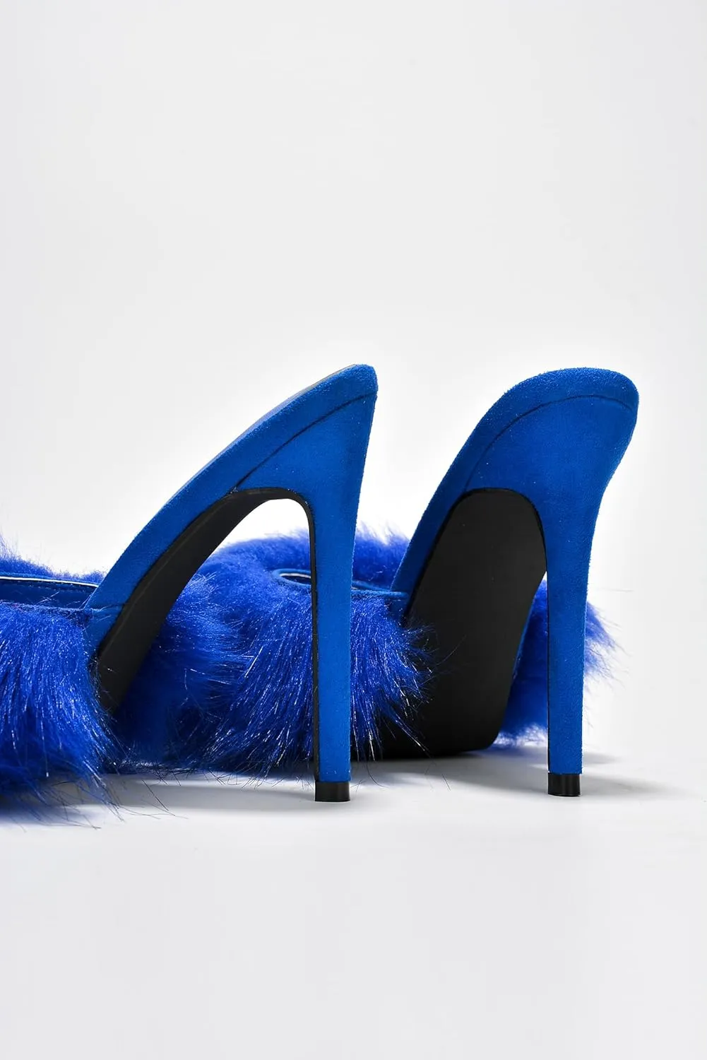 Cape Robbin Fuji Faux Fur Open Pointy Toe Stiletto Mule Heel Sandal-Open Peep Toe Slip on Stiletto High Heels Sandals for women