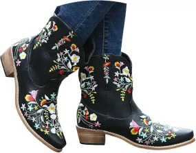 Cathalem Cowboy Boots for Women Flower Embroidered Cowgirl Boots Square Toe Western Boots Fall Boots Chunky Heel Short Boots