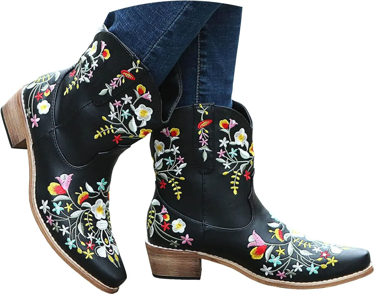Cathalem Cowboy Boots for Women Flower Embroidered Cowgirl Boots Square Toe Western Boots Fall Boots Chunky Heel Short Boots