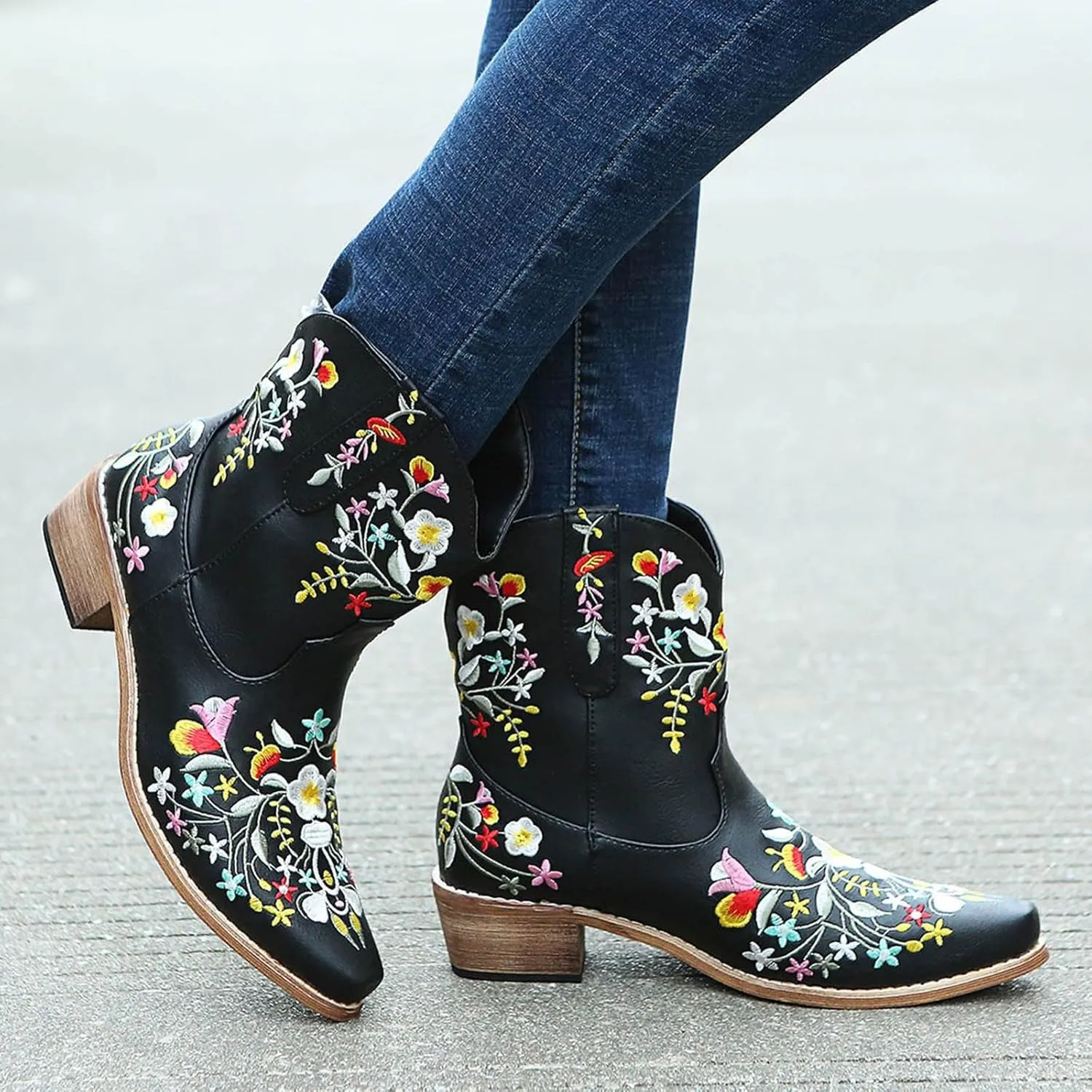 Cathalem Cowboy Boots for Women Flower Embroidered Cowgirl Boots Square Toe Western Boots Fall Boots Chunky Heel Short Boots