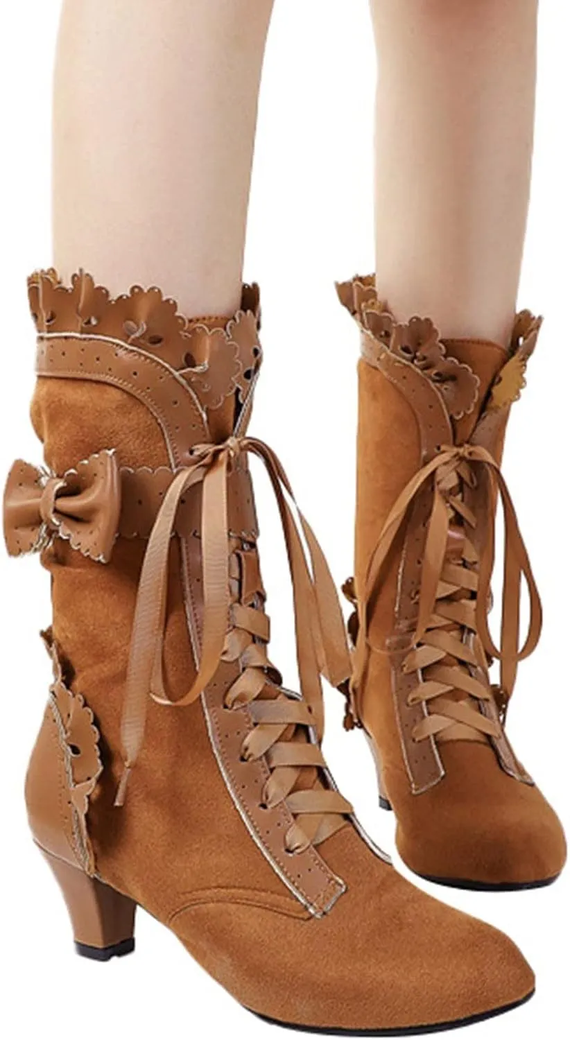 Cathalem Cowboy Boots for Women, Women Victorian Boots 70s Lace Up Kitten Heel Mild Calf Boots Wide Calf Boots