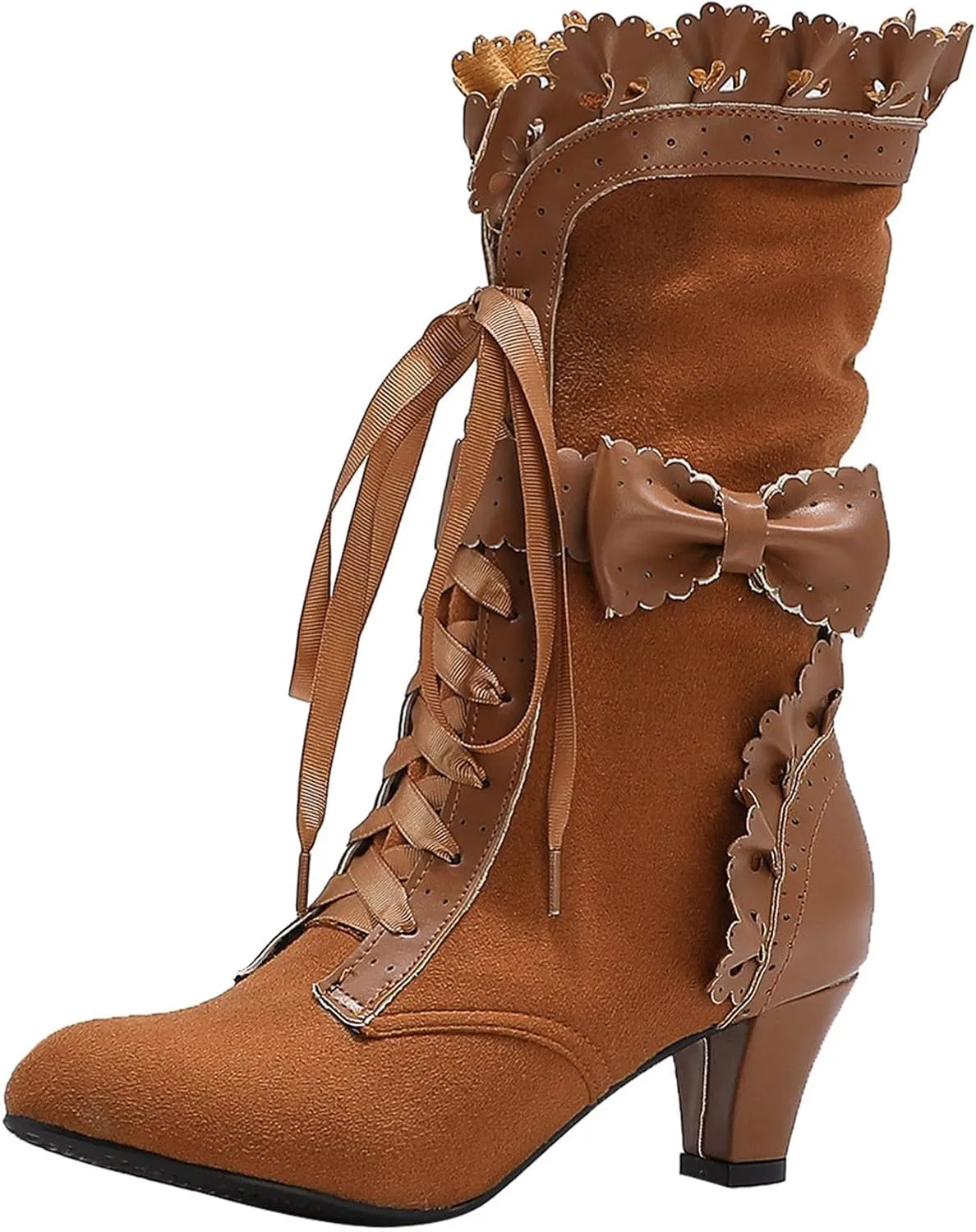 Cathalem Cowboy Boots for Women, Women Victorian Boots 70s Lace Up Kitten Heel Mild Calf Boots Wide Calf Boots