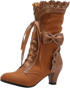 Cathalem Cowboy Boots for Women, Women Victorian Boots 70s Lace Up Kitten Heel Mild Calf Boots Wide Calf Boots