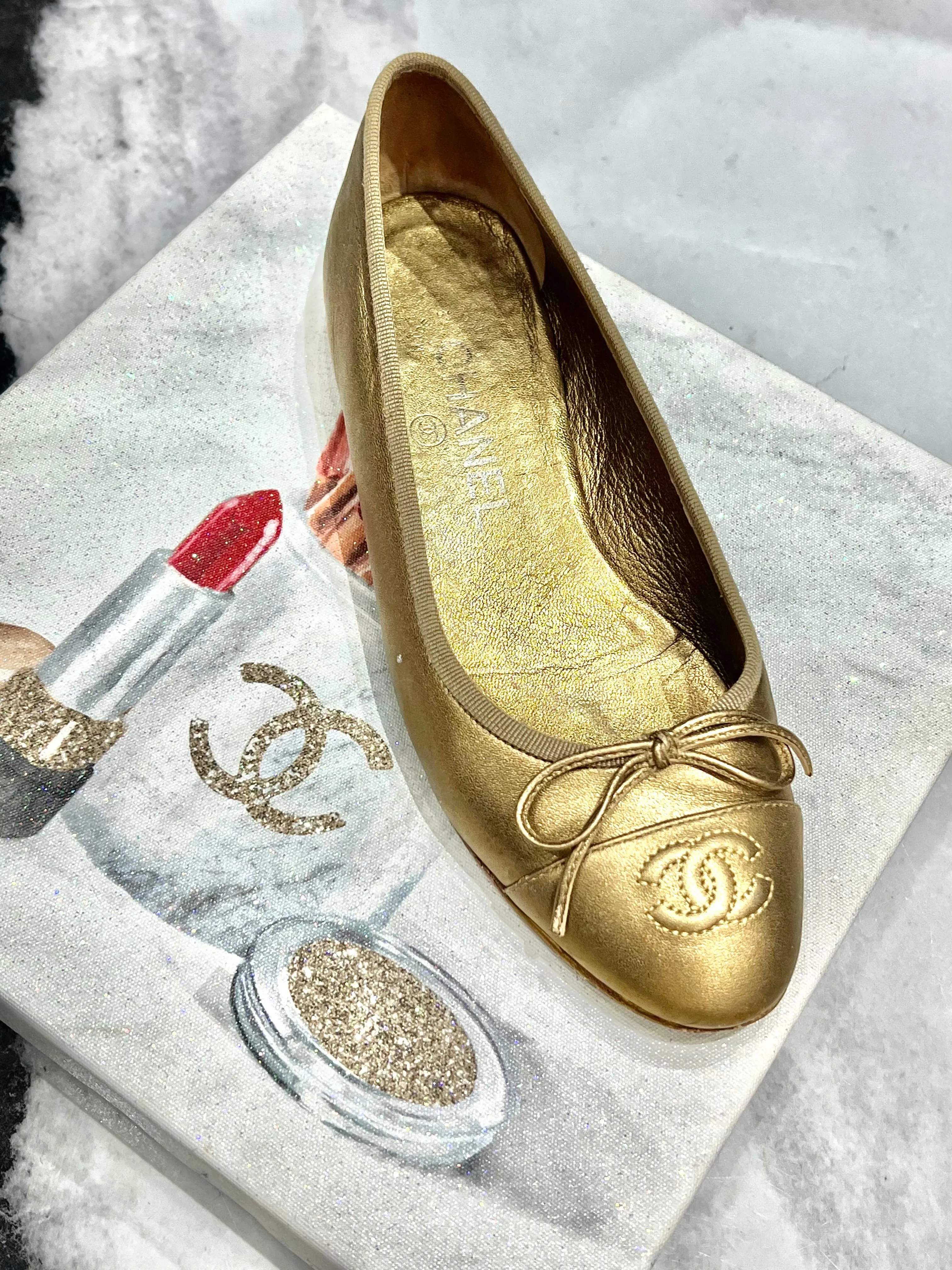CHANEL CC METALLIC CAMBON LEATHER BALLET FLATS