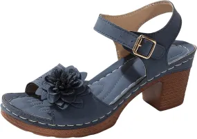 Chic Flowers Chunky Block Heels for Womens Bohemia Ankle Strap Platform Wedge Sandals Hollow Out Leather Sandals Work Office Dress Shoes