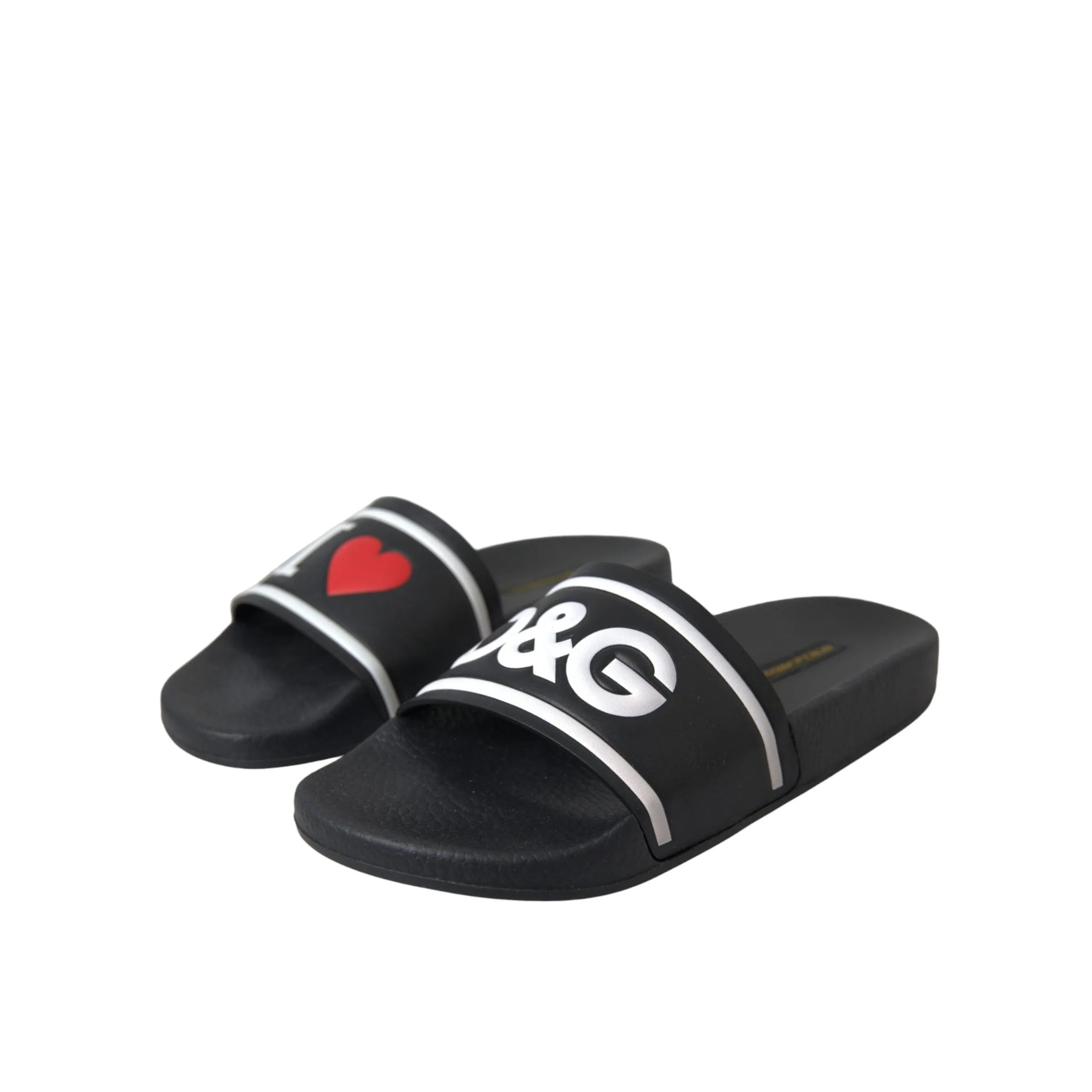 Dolce & Gabbana Black Leather I Love D&G Sandals Slides Shoes
