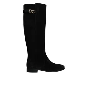 Dolce & Gabbana Black Suede Leather Knee High Boots Shoes
