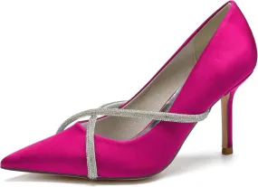 FufoneUS Bridal Shoes Stilettos 3 Inch Slip on Formal Dress Shoes for Ladies Wedding Party Evening Work,Rose red,6