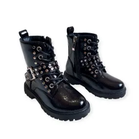 Girls Black Patent Lace Up Ankle Boots