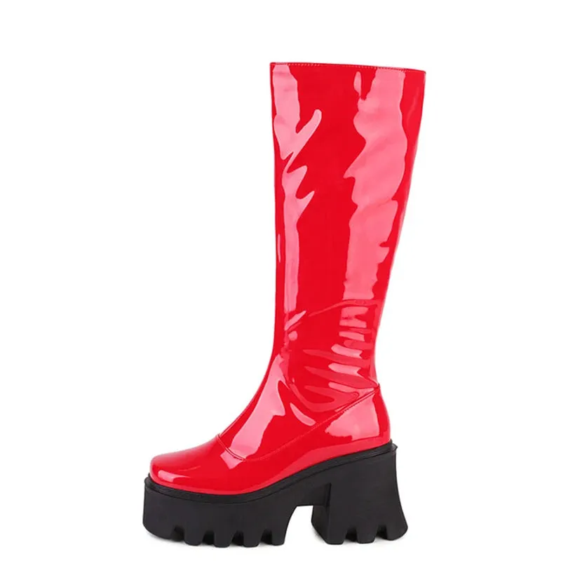 Glossy Patent Leather Chunky Knee-High Boots