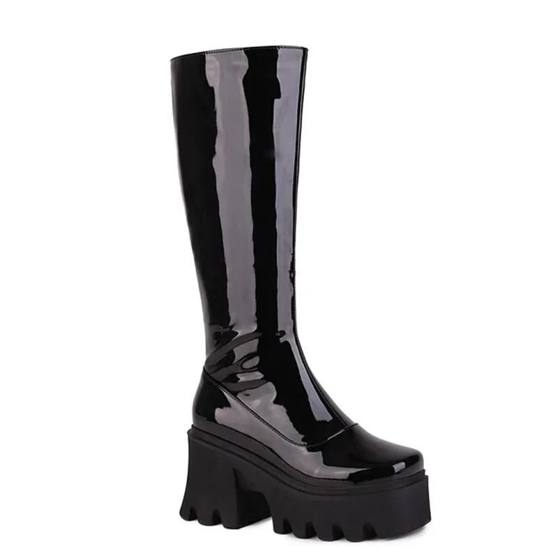 Glossy Patent Leather Chunky Knee-High Boots