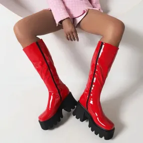 Glossy Patent Leather Chunky Knee-High Boots