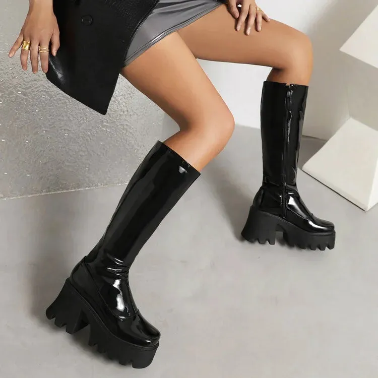 Glossy Patent Leather Chunky Knee-High Boots