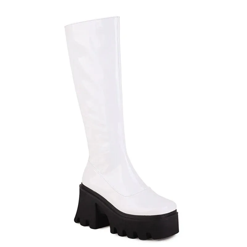 Glossy Patent Leather Chunky Knee-High Boots