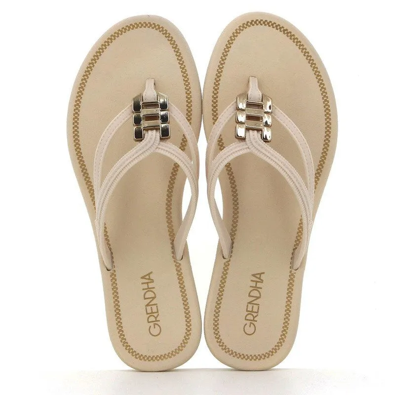Grendha Thong Sandals with Gold Trim - Off White