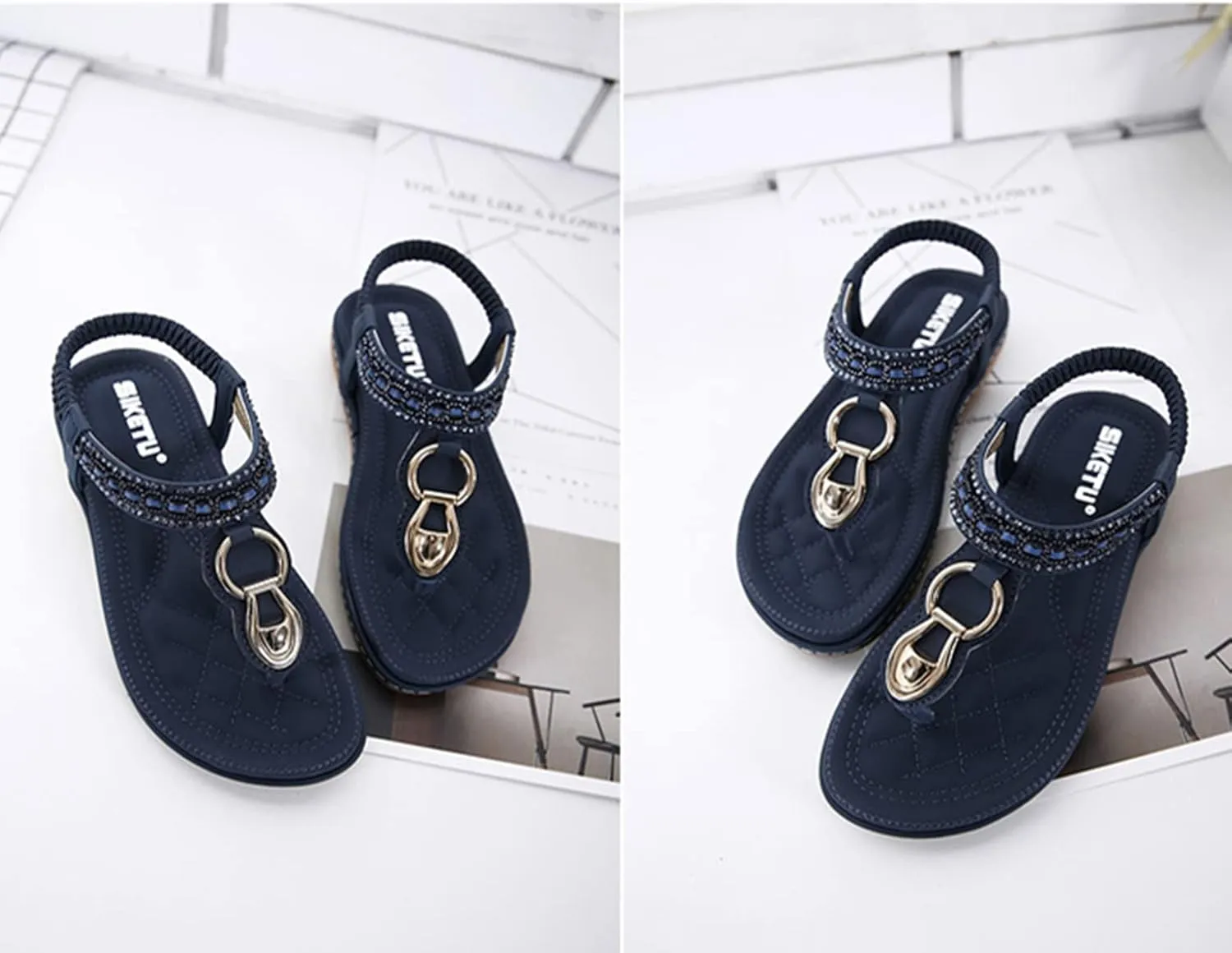 HINDOLA Women's Summer Sandals Casual Comfortable Bohemia Beach Flat Sandals Open Toe Ankle Strap Crystal Gladiator Flat Shoes