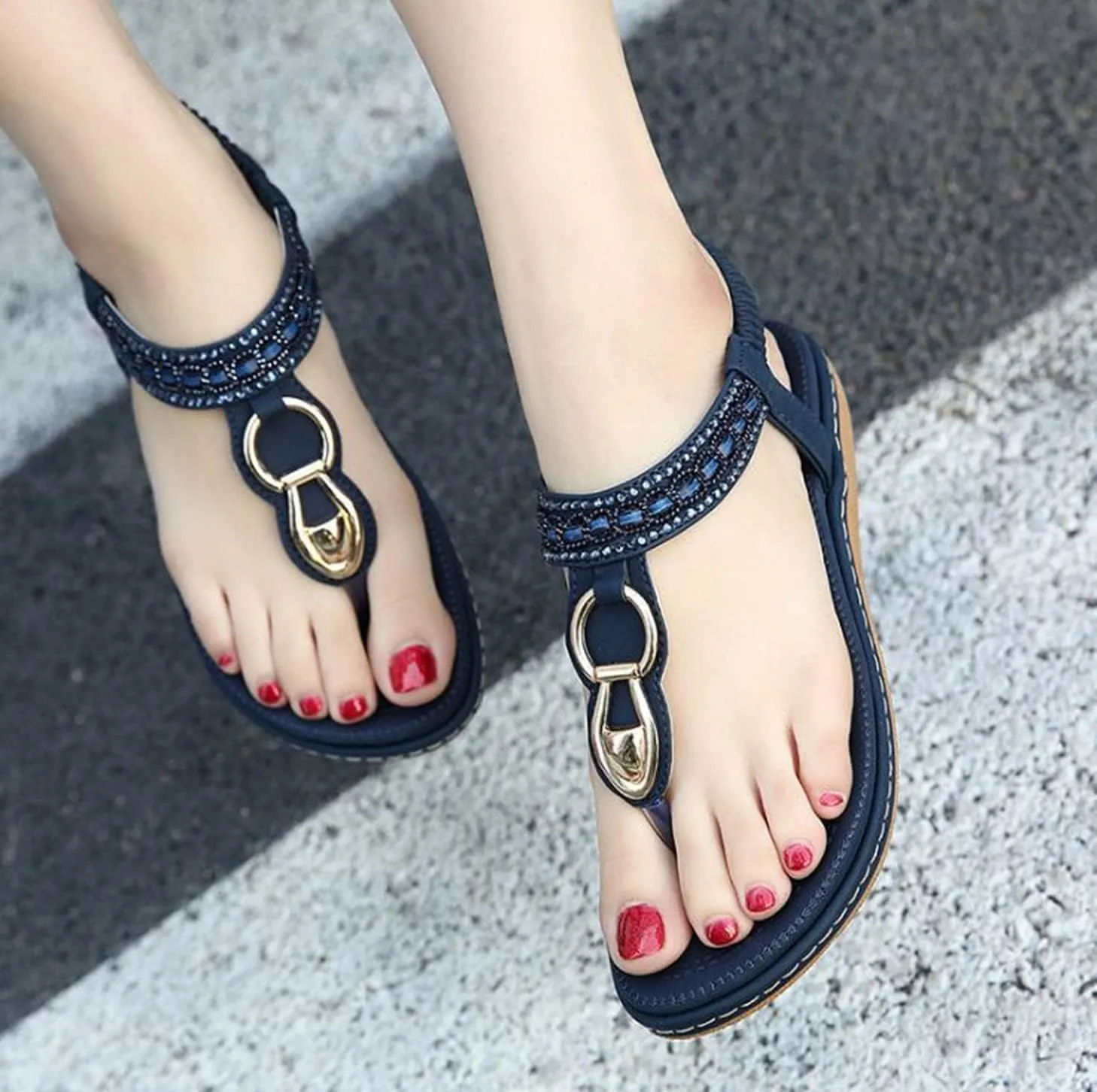 HINDOLA Women's Summer Sandals Casual Comfortable Bohemia Beach Flat Sandals Open Toe Ankle Strap Crystal Gladiator Flat Shoes