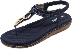 HINDOLA Women's Summer Sandals Casual Comfortable Bohemia Beach Flat Sandals Open Toe Ankle Strap Crystal Gladiator Flat Shoes