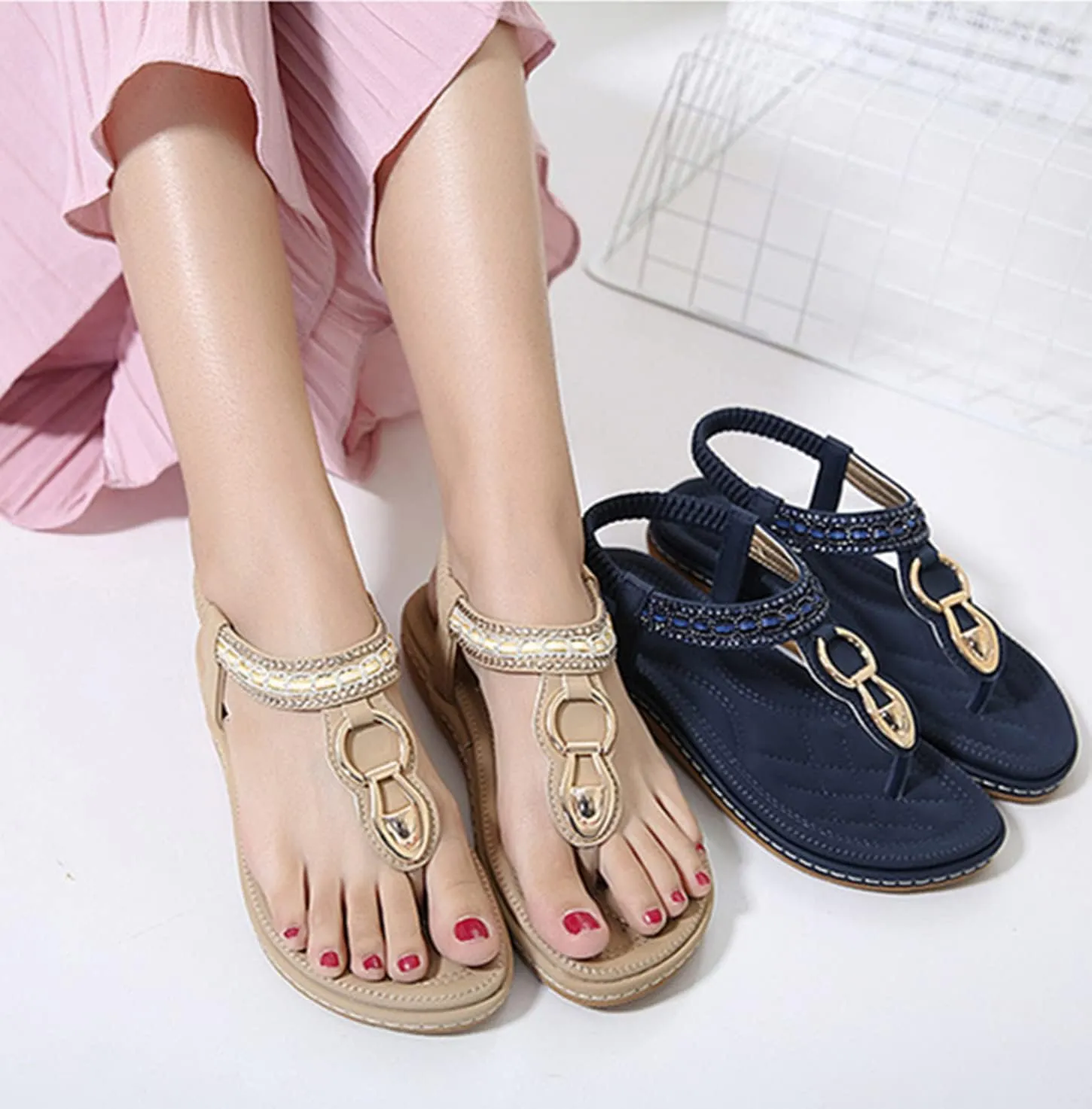 HINDOLA Women's Summer Sandals Casual Comfortable Bohemia Beach Flat Sandals Open Toe Ankle Strap Crystal Gladiator Flat Shoes