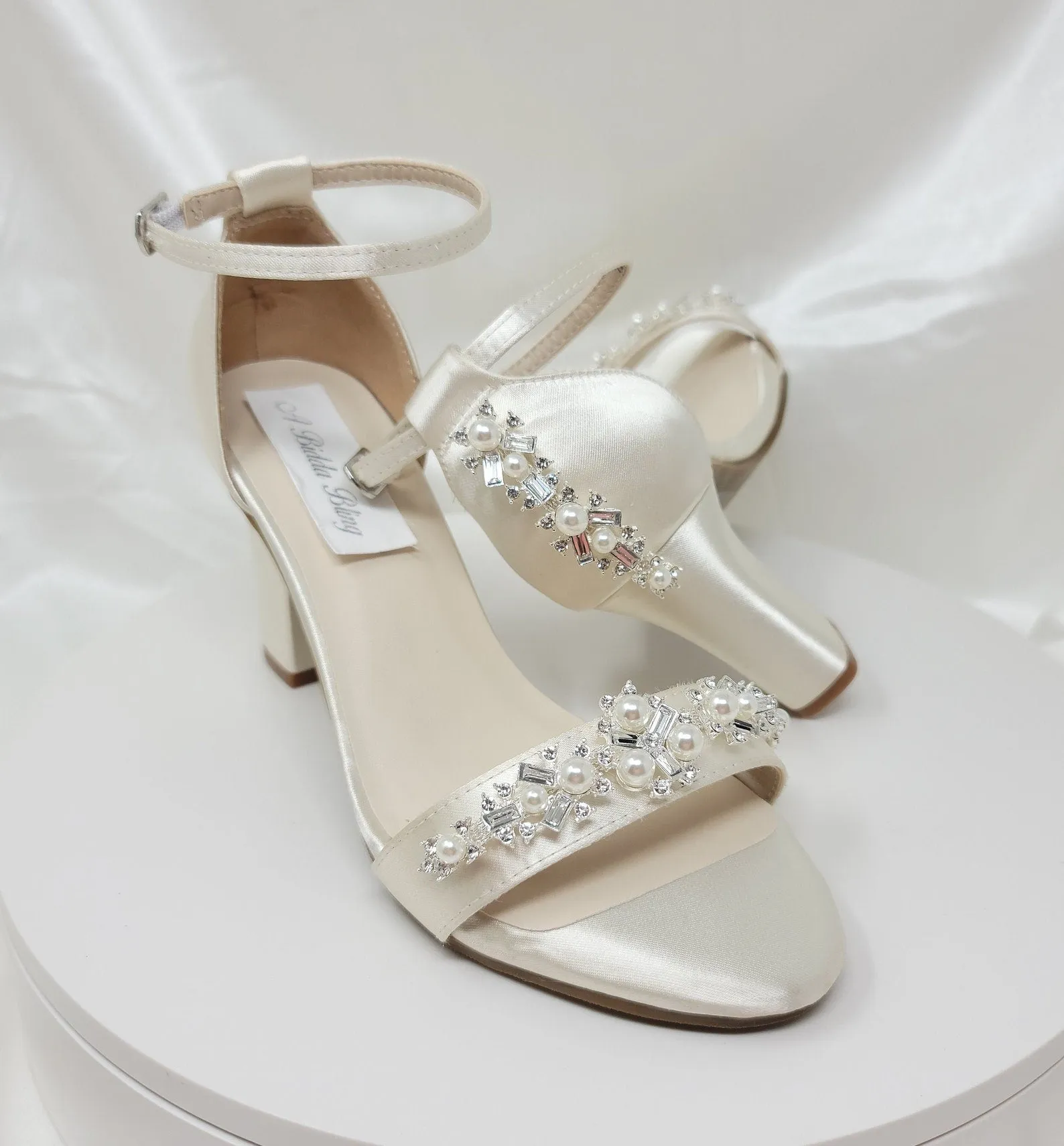 Ivory Block Heel Bridal Shoes Crystal and Pearl Design