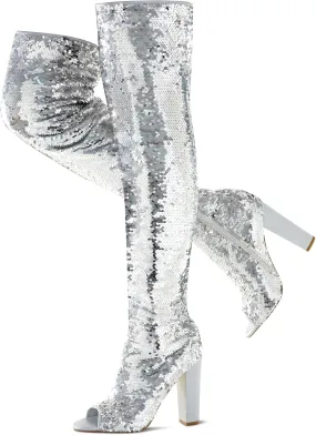 KHPAERMEI Sparkly Thigh High Boots for Women Sexy Sequin Over The Knee High Boots Party Prom Open Toe Chunky High Heels