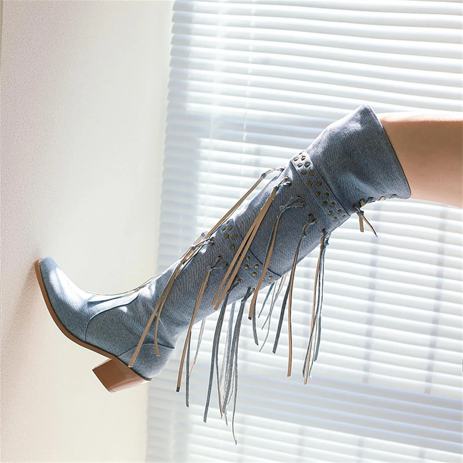 KISSASA Fringe Thigh Thigh Heeled Boots Suede Stacked Chunky Over The Knee High Heel Boots