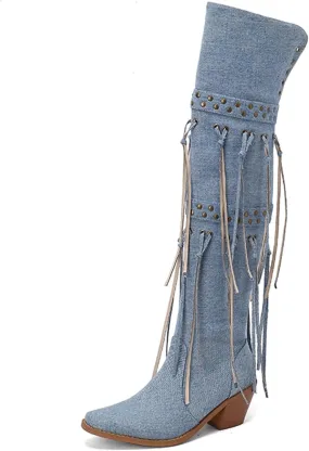 KISSASA Fringe Thigh Thigh Heeled Boots Suede Stacked Chunky Over The Knee High Heel Boots