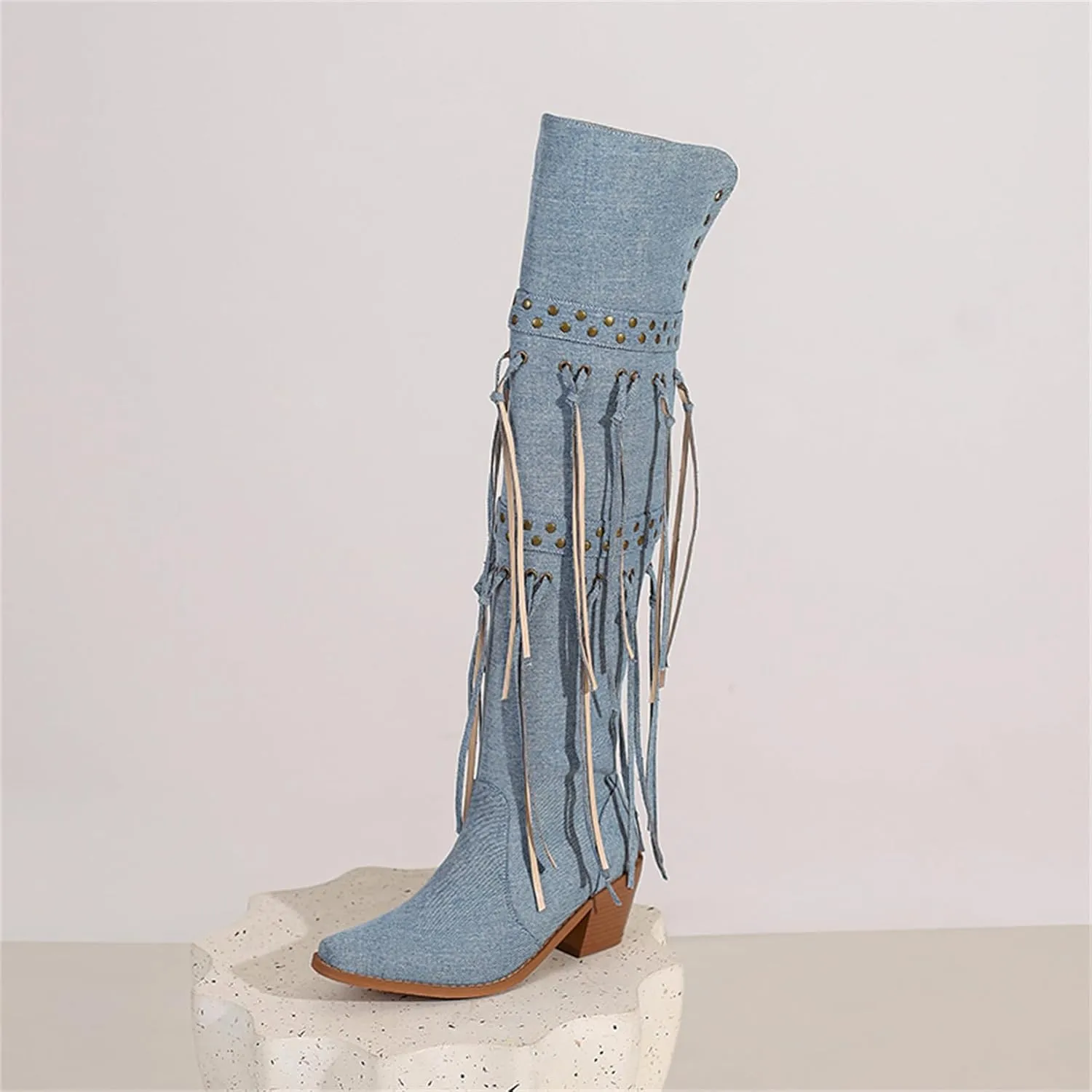 KISSASA Fringe Thigh Thigh Heeled Boots Suede Stacked Chunky Over The Knee High Heel Boots
