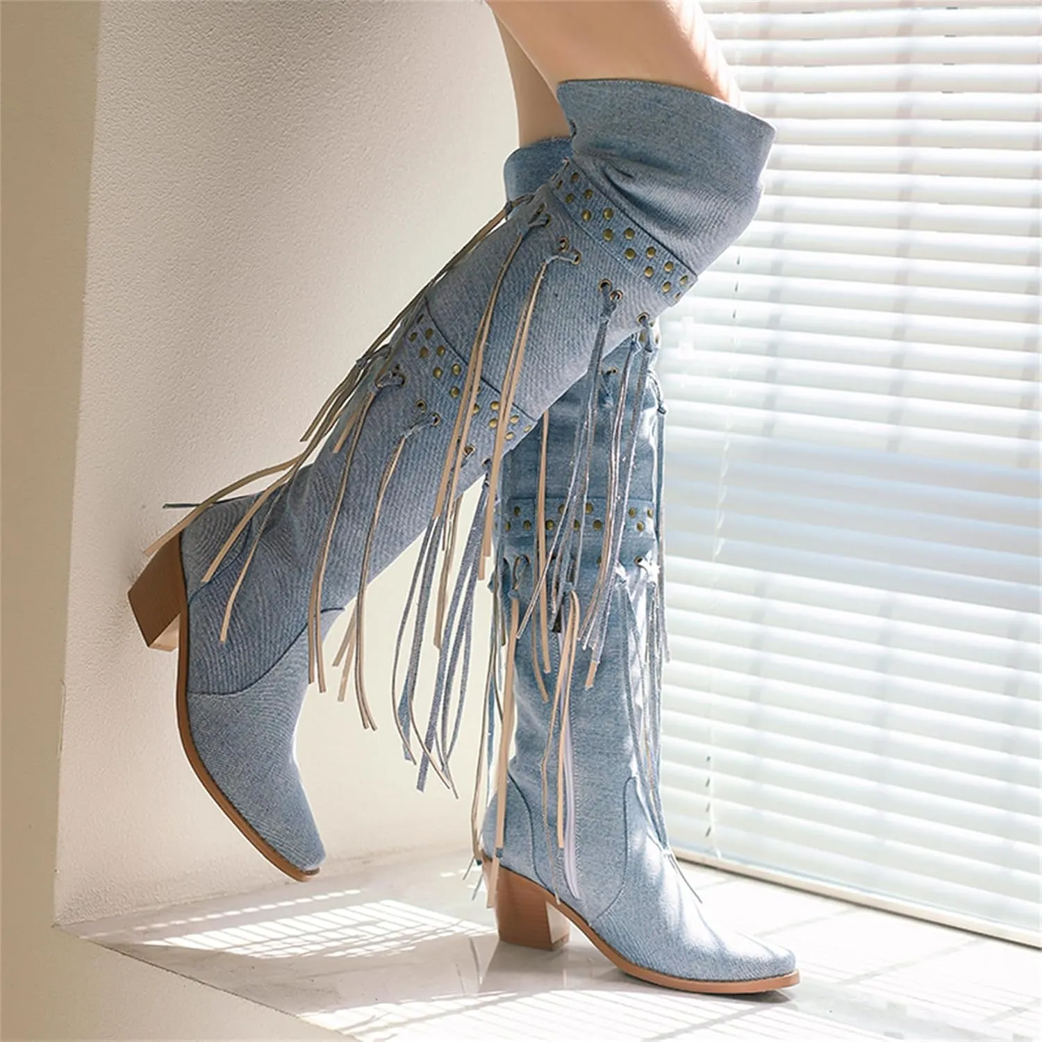 KISSASA Fringe Thigh Thigh Heeled Boots Suede Stacked Chunky Over The Knee High Heel Boots