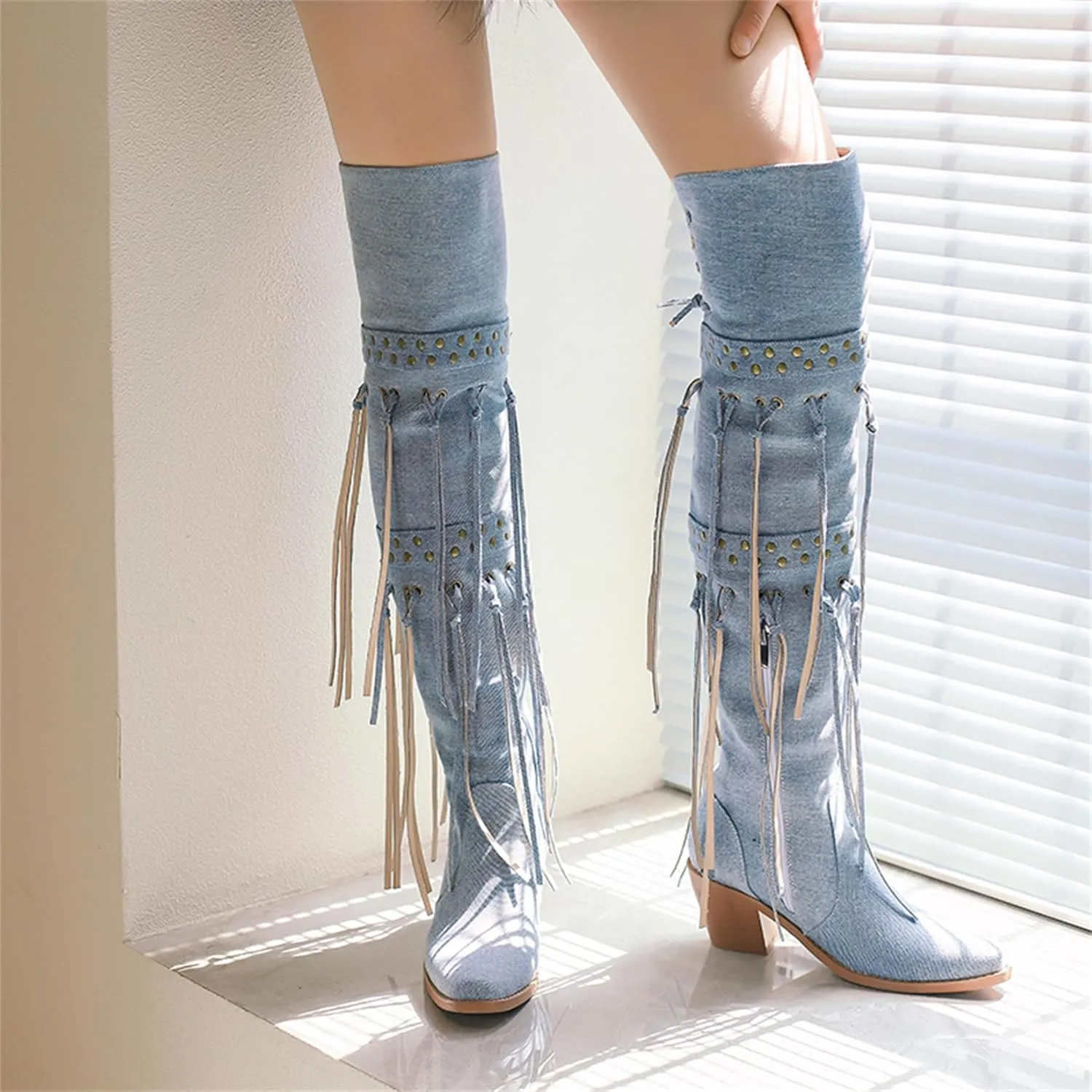 KISSASA Fringe Thigh Thigh Heeled Boots Suede Stacked Chunky Over The Knee High Heel Boots