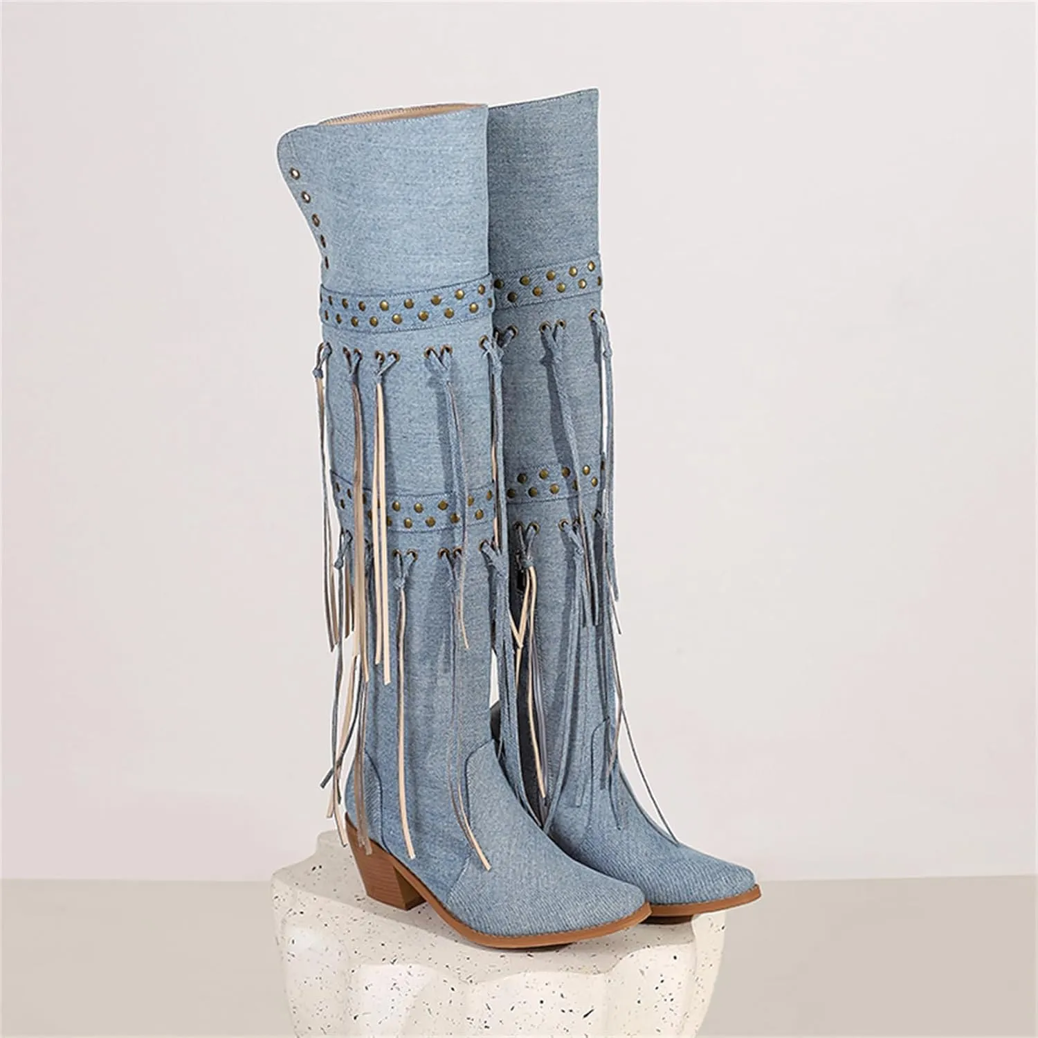 KISSASA Fringe Thigh Thigh Heeled Boots Suede Stacked Chunky Over The Knee High Heel Boots