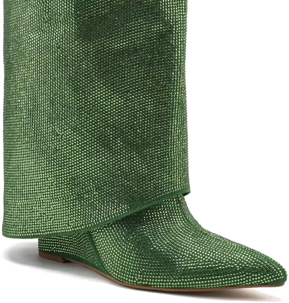 Knee High Boots Women Fold Over Knee High Boots Chunky High Heels Long Boots Zipper Pointed Toe Rhinestone Dress Tall Boots for Women